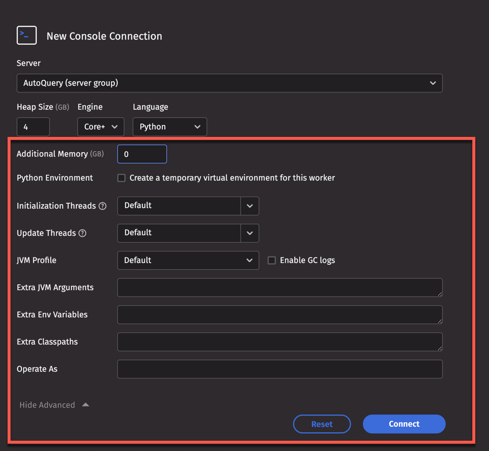 The advanced options menu