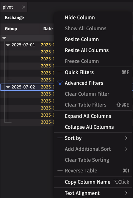 Column header context menu