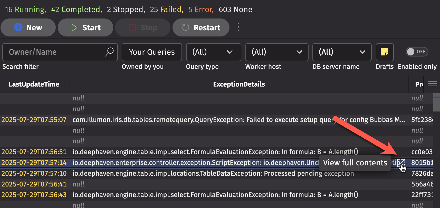 The Show Exception option highlighted in the right-click drop-down menu