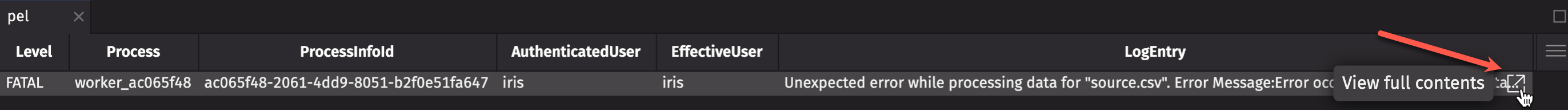 An exception message and stack trace