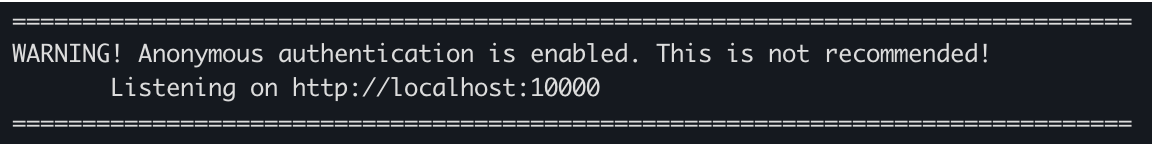 The Docker logs display a warning when anonymous authentication is enabled