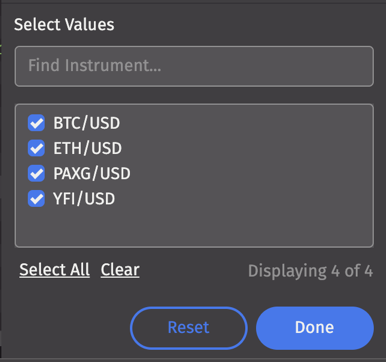 "Select values" options in the Advanced Filters panel