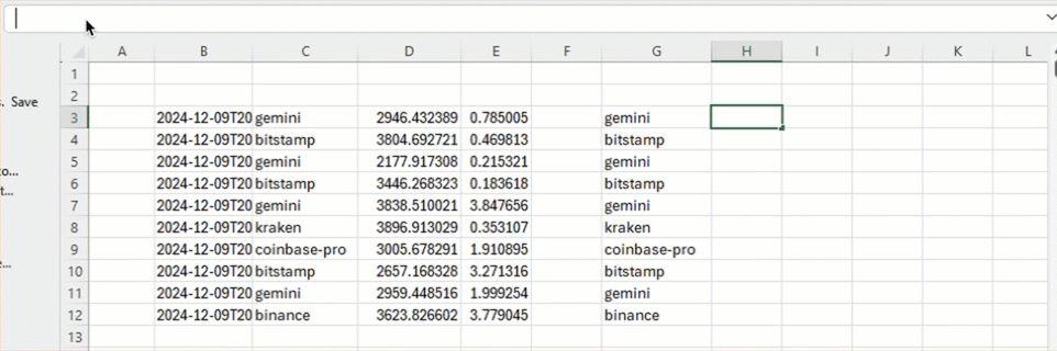 A ticking table in Excel that filters the table at B3# by the rows in G3# that match "kraken"