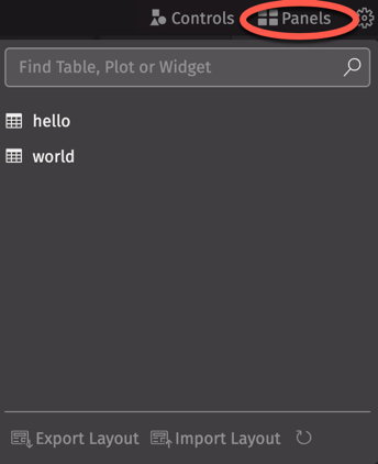 The Deephaven IDE, with the Panels menu highlighted