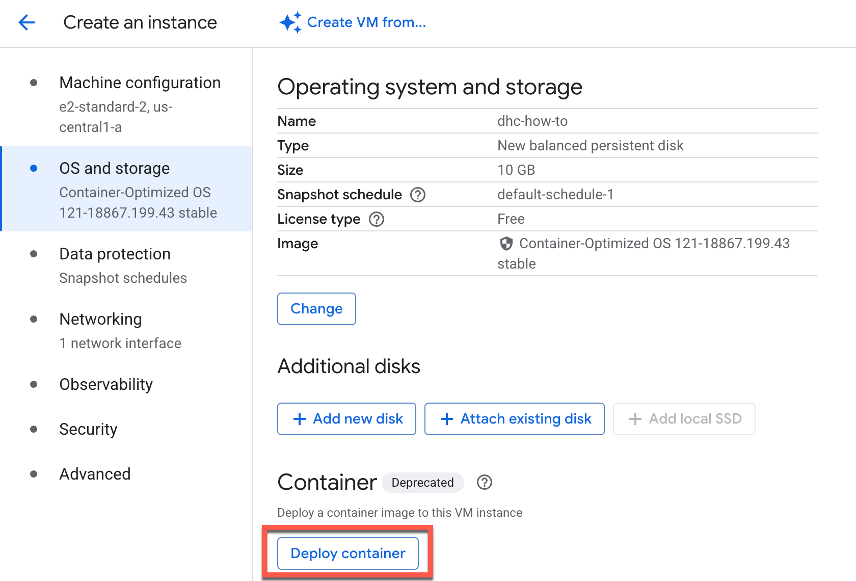 The Containers option with DEPLOY CONTAINER highlighted