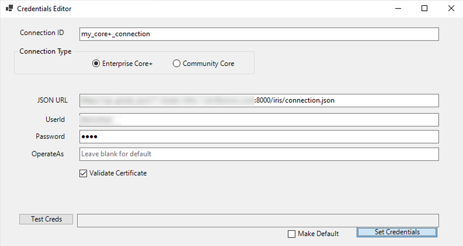 The Credentials Editor, with the 'set credentials' button highlighted