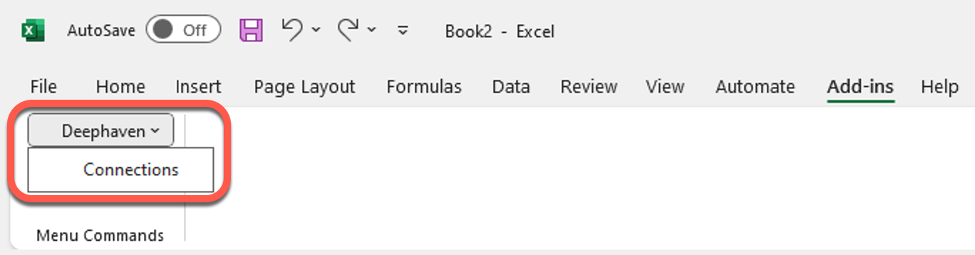 An image showing the Excel add-ins menu through which the Deephaven add-in is accessed