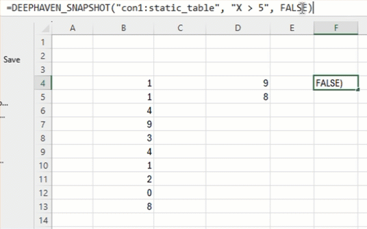 A Deephaven table in Excel, with headers