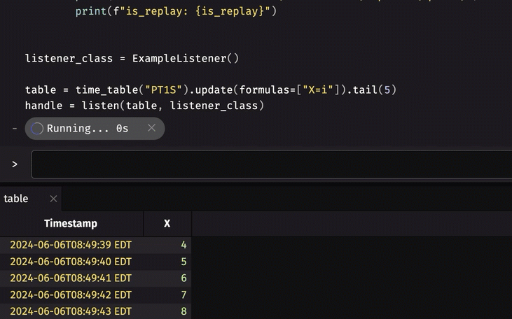 table updates while handle prints updates to the log