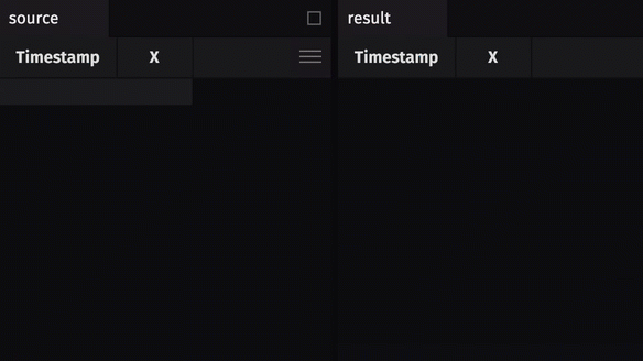 Animated GIF comparing blink source table (single current row) to ring table preserving the last five rows