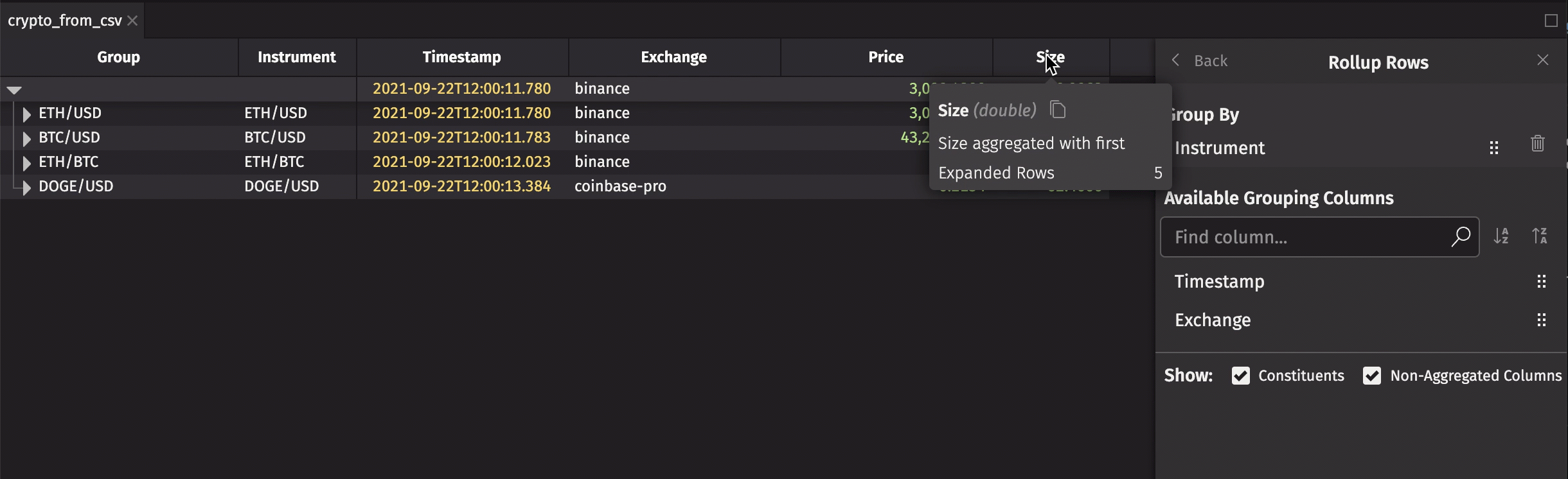 Changing aggregation method in the Table Options menu