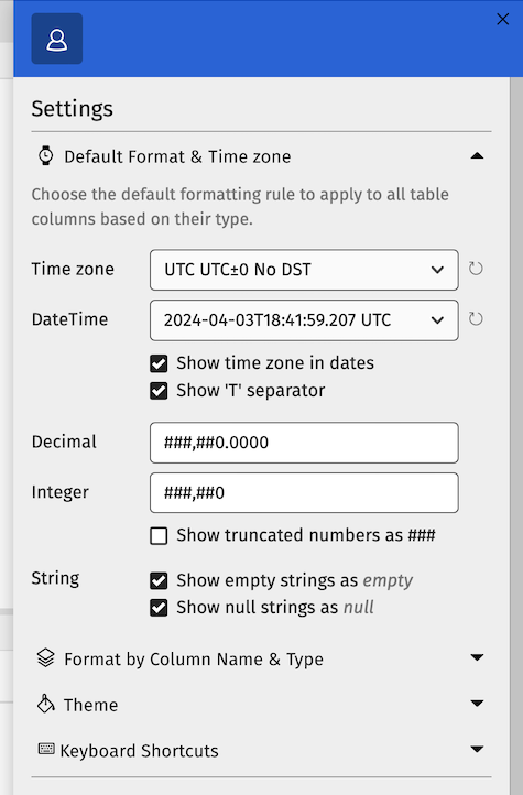 The Deephaven IDE's Settings menu