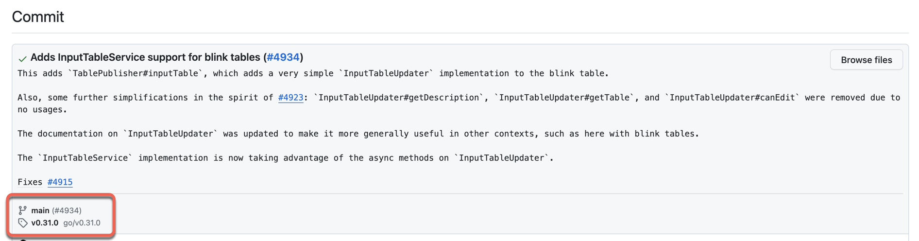 A commit message with branches and tags highlighted