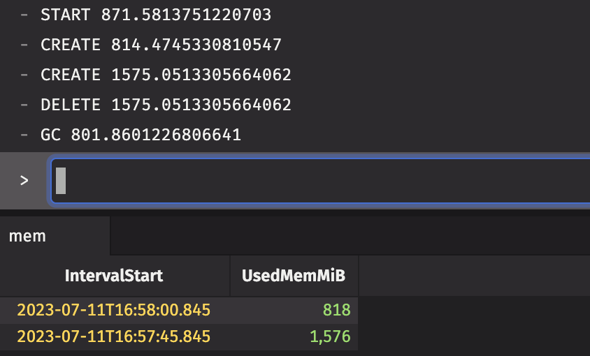 The console, displaying the results of the print statments in the above example