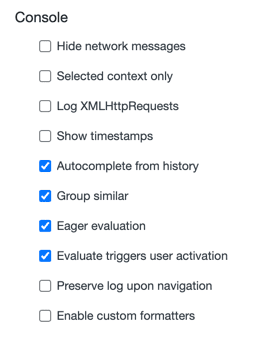 The Console options, with boxes to tick if you want to log XMLHttpRequests, show timestamps, or more