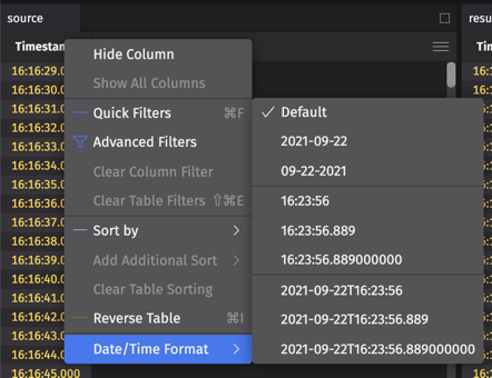 The column header menu, with date-time options open