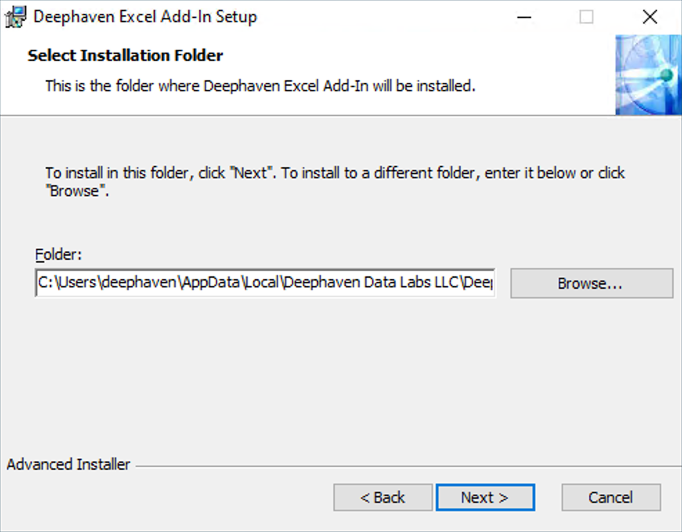 The Deephaven Excel add-in installer's install path selection screen