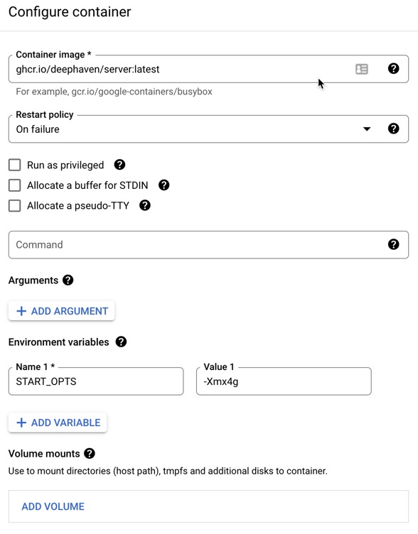 The Configure container window