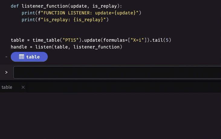 table updates while handle prints updates to the log
