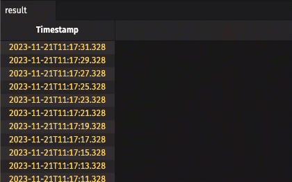 result populates nearly instantly with 1800 rows of data