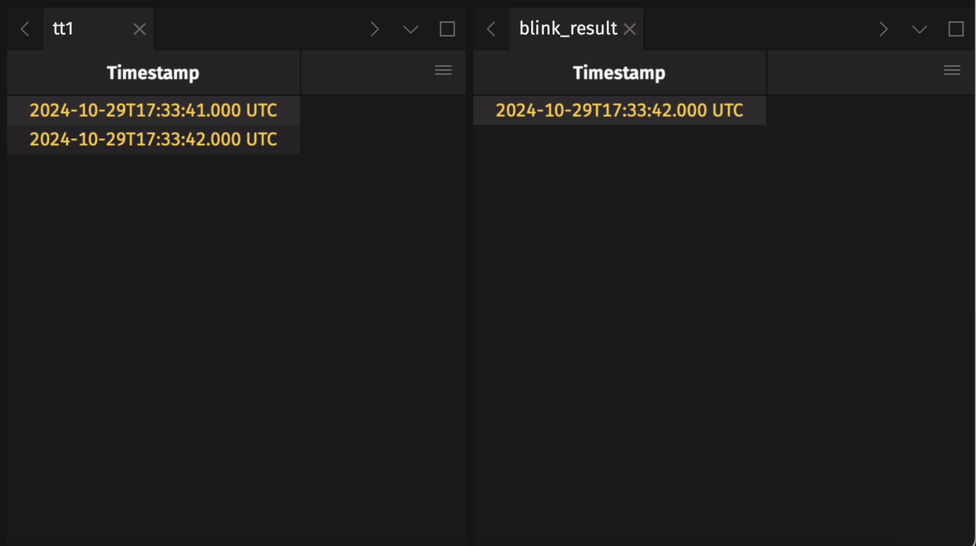 The above tt1 and blink_result tables ticking side-by-side in the Deephaven console