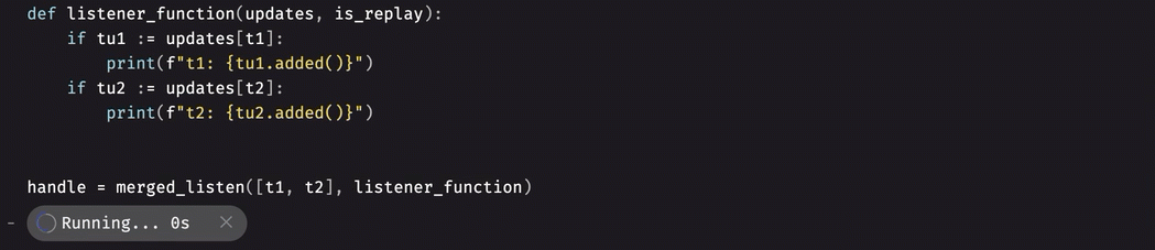 t1 and t2 update while handle prints updates to the log
