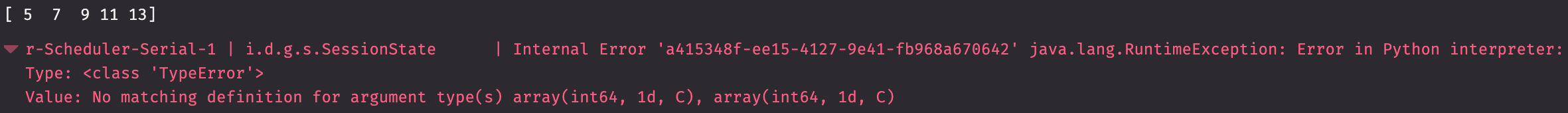 An error message in the Deephaven IDE log