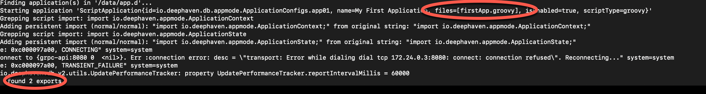 Log readout with the exports highlighted