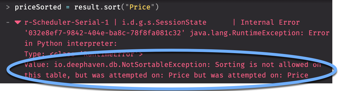 An error message stating that sorting is not allowed on this table