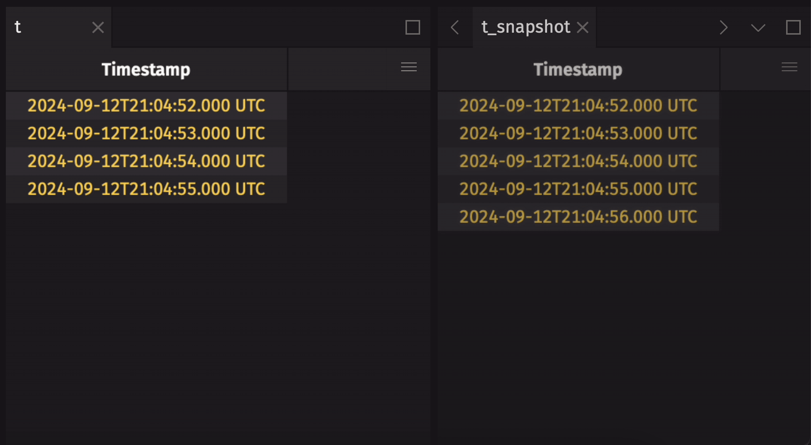 Two Deephaven tables side by side - 't' ticks, while 't_snapshot' is static