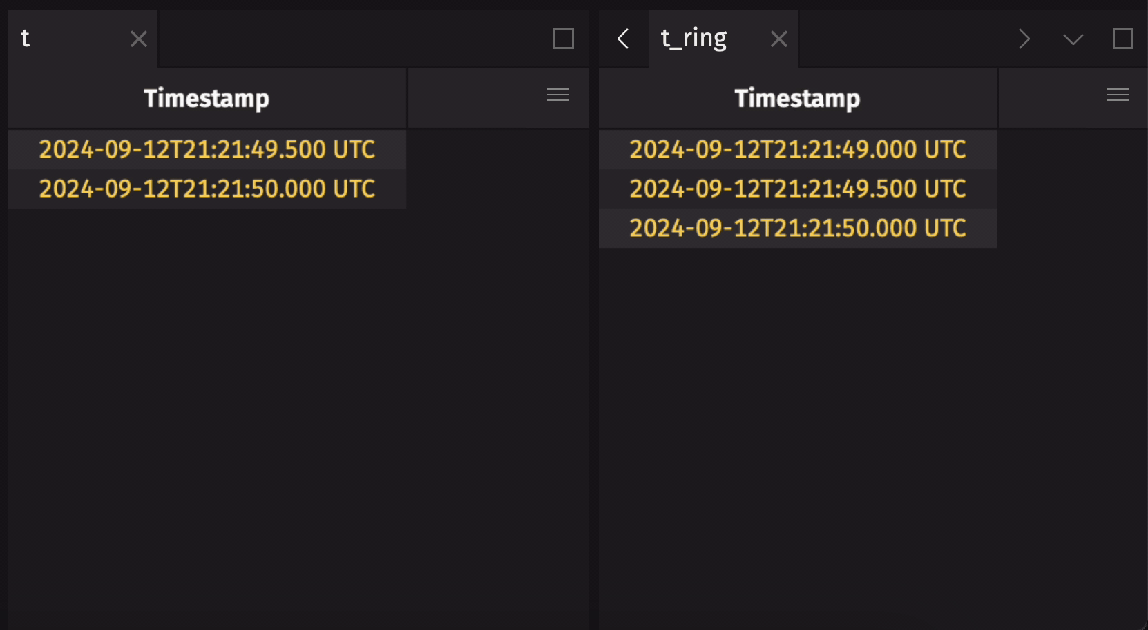 Two Deephaven tables - a time table 't', and a 5-row ring table, 't_ring'