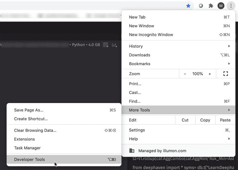 The More Tools > Developer Tools option in Chrome's Controls menu