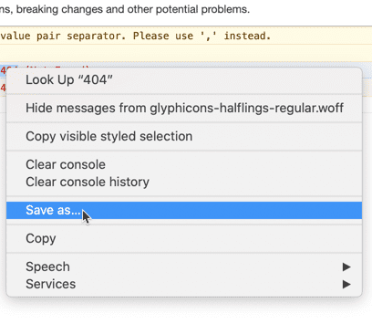 The Console's right-click menu, with the Save option highlighted