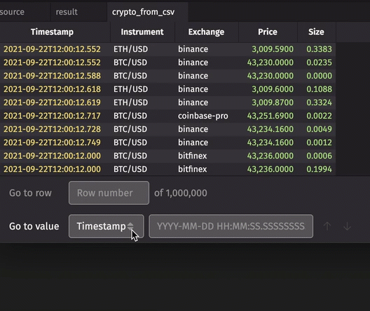 Demonstration of using Go to value feature with various column types