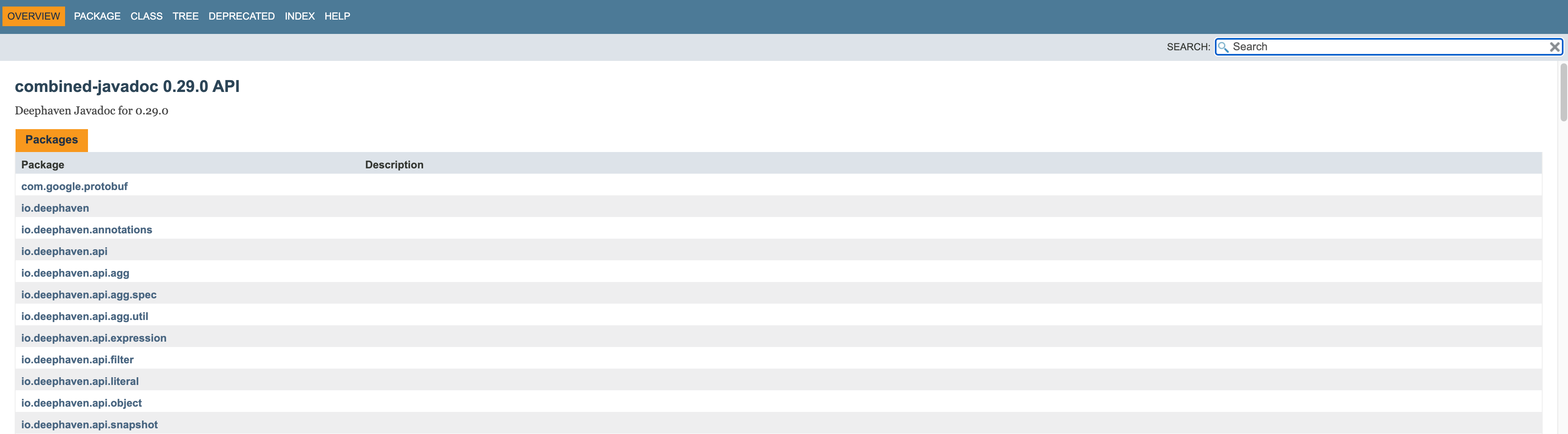 Deephaven Javadoc landing page with search bar and package list