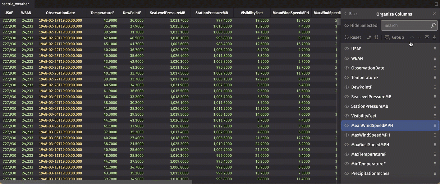 Grouping columns into sections