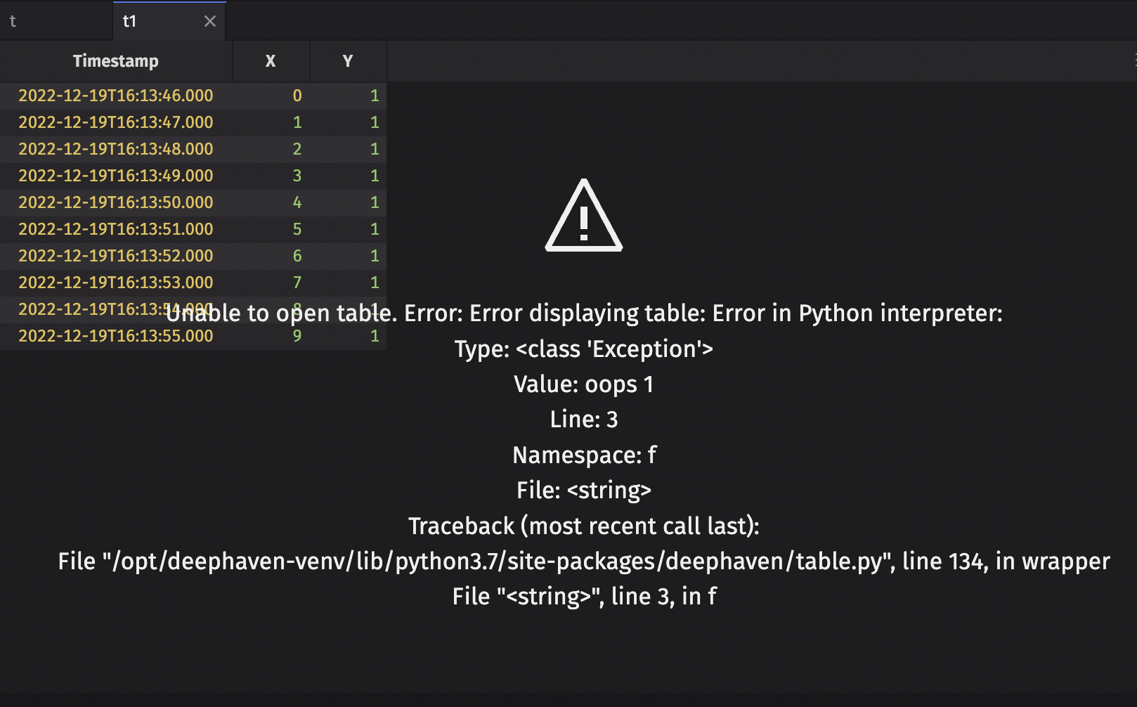 An error message displays in the Deephaven IDE
