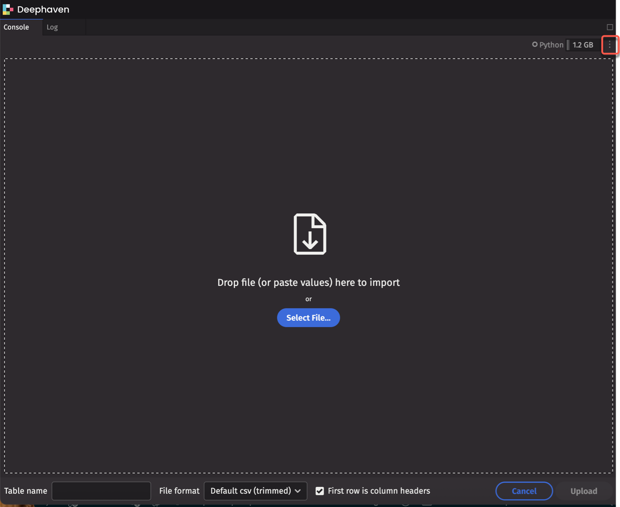 Upload Table from File dialog