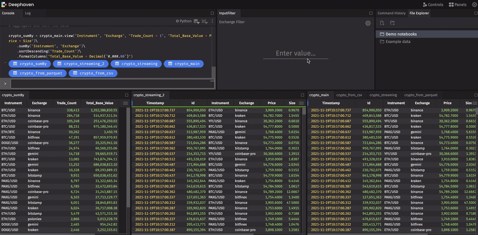 A user filters open tables with the kraken exchange