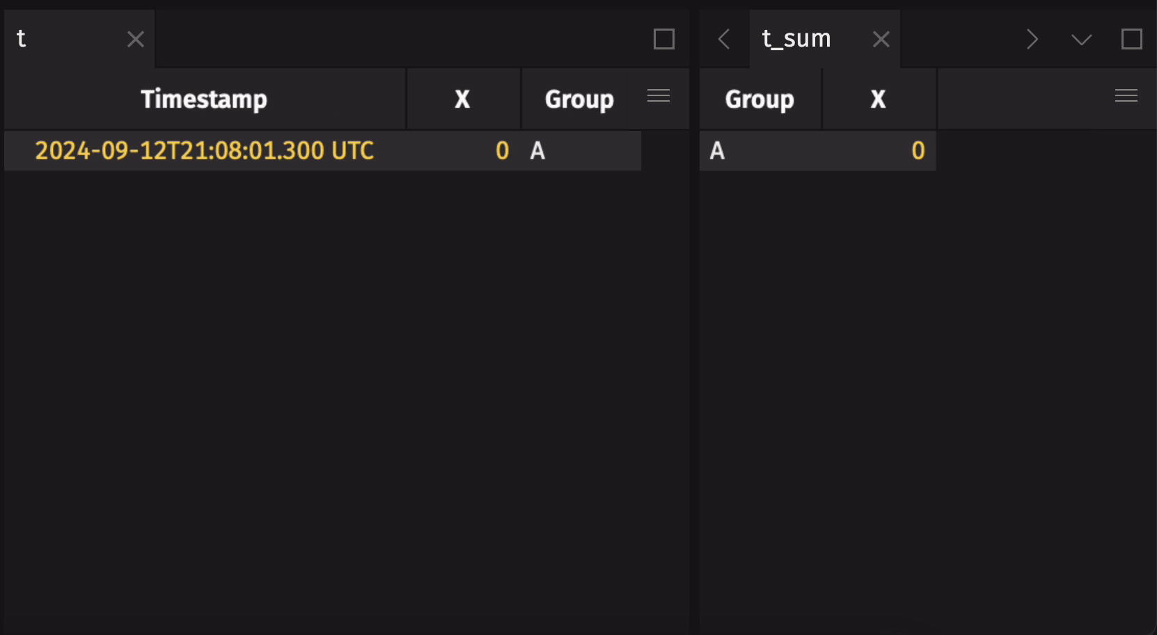 Two Deephaven tables - table 't' is a blink table and 't_sum' is aggregated with sum_by