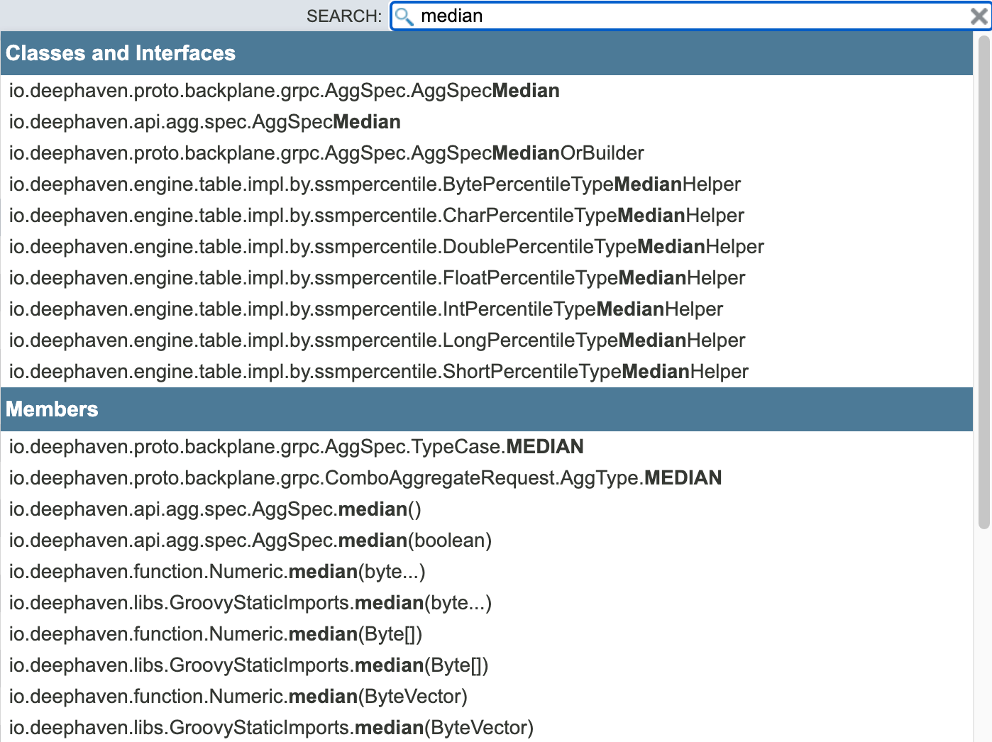 Javadoc search results after searching for 'median'