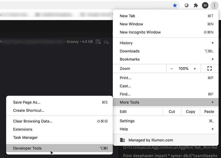 The More Tools > Developer Tools option in Chrome's Controls menu