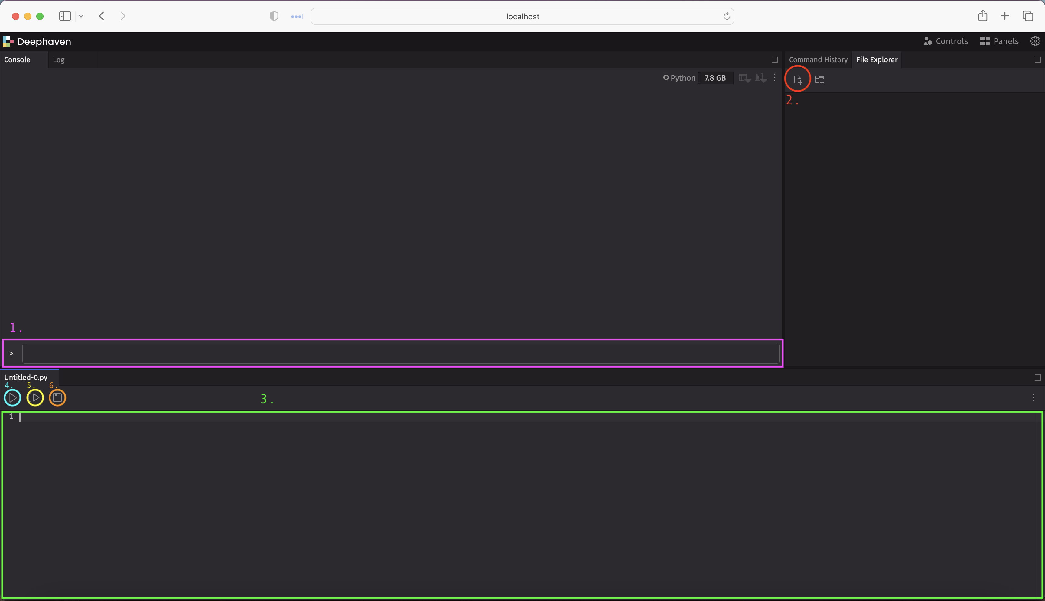Annotated screenshot of Deephaven IDE highlighting console, notebook controls, and save buttons