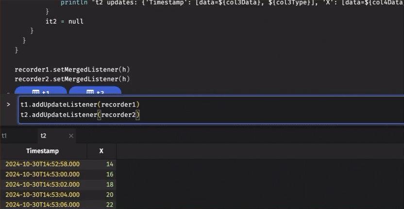 t1 and t2 update while handle prints updates to the log