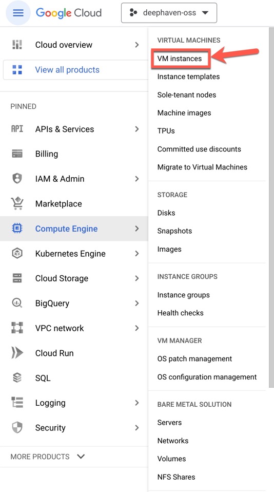 VM Instances highlighted in the Google Cloud Compute Engine menu
