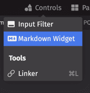 The Markdown Widget button highlighted in the Controls drop-down