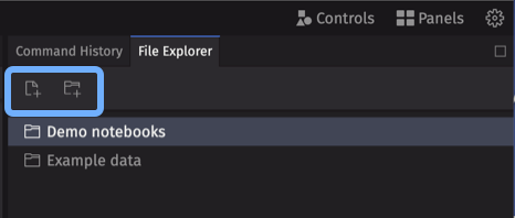 The 'new notebook' and 'new folder' icons highlighted at the top of the File Explorer