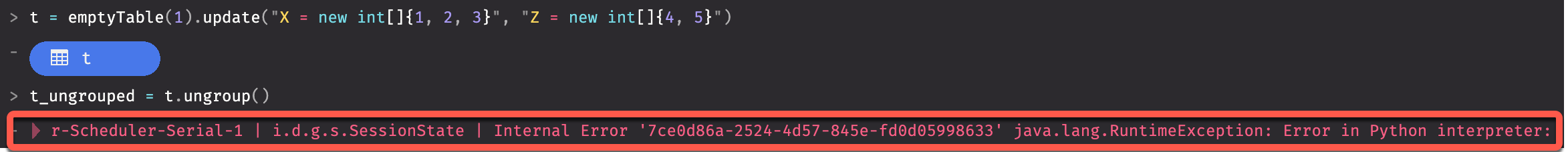 A collapsed error message highlighted in the Deephaven IDE