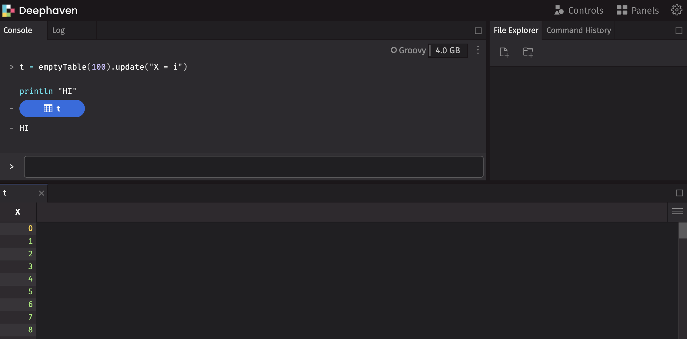 Deephaven IDE loaded in browser via Google Cloud VM tunnel