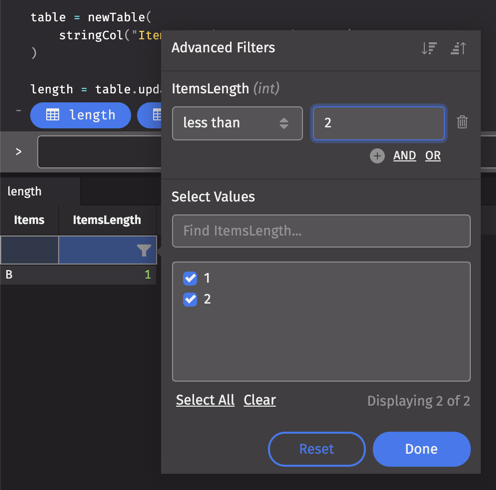 The Advanced Filters panel, set to filter ItemsLength to less than 2